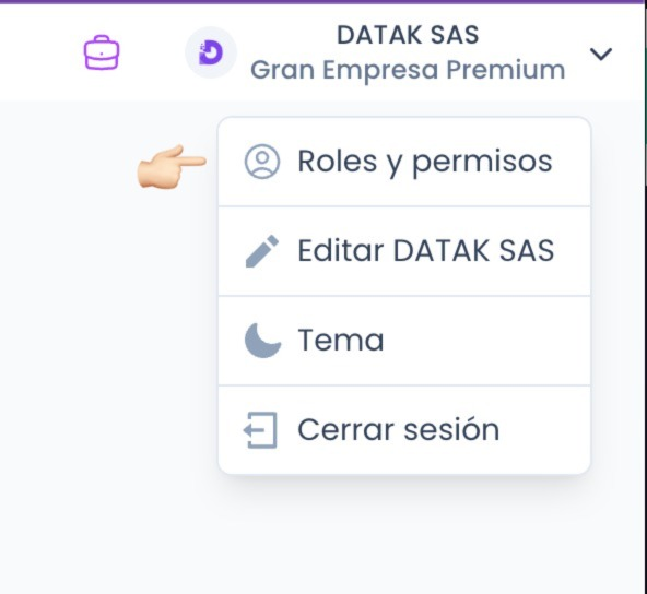 Menú de roles y permisos en Datak